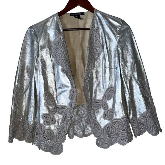 Women's Anthropologie The Wrights Metallic Leather Crochet Blazer Jacket - Picture 1 of 11